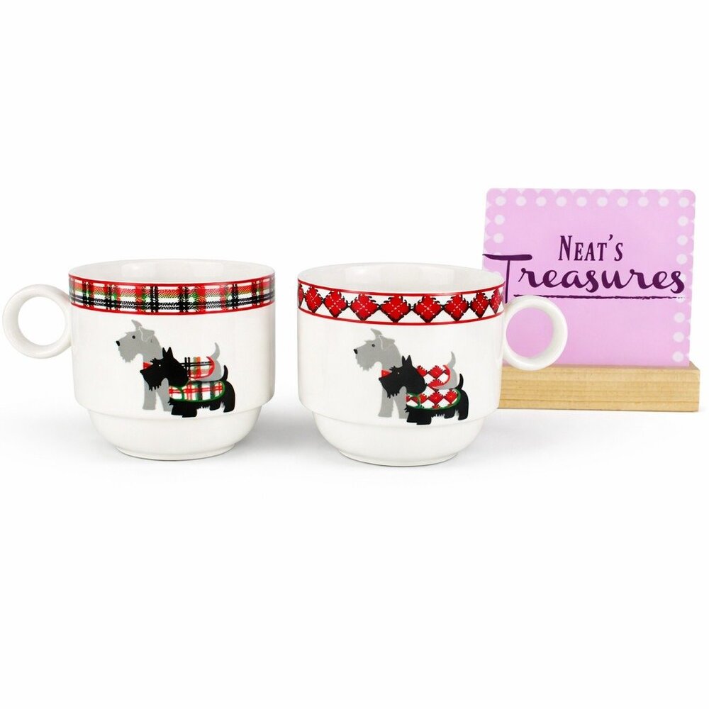 Grace's Teaware Plaid Checked Rim SCOTTY DOG ARGYLE Stackable Coffee Cups Set 2